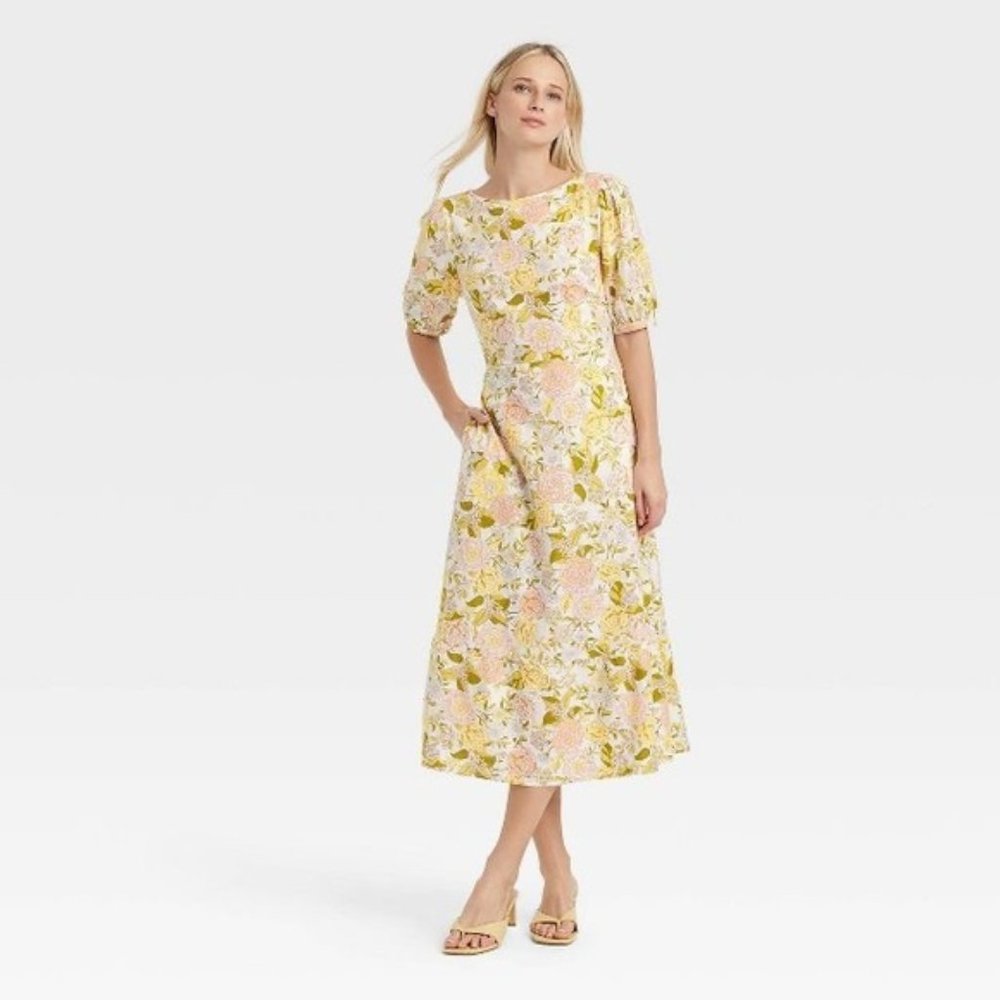 Who What Wear Women's Floral Bishop Sleeve Tie-Back Dress